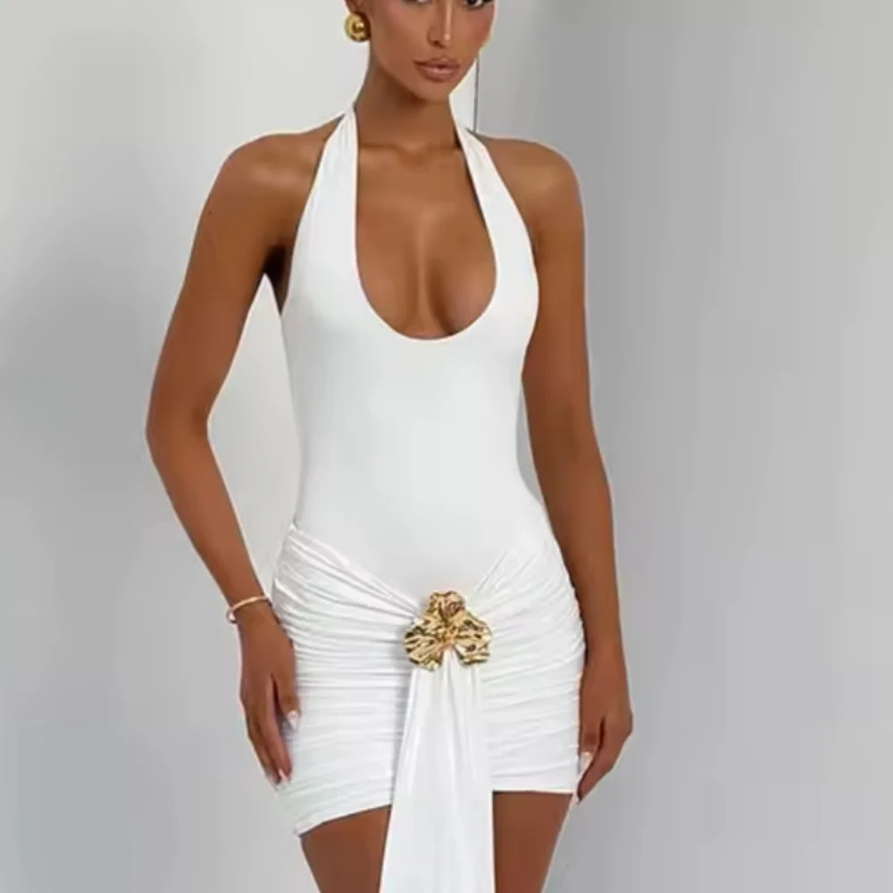 Metal Flower Draped Ruched Sexy MiniDress Women Robe Fashion Halter Backless - Picture 5 of 8